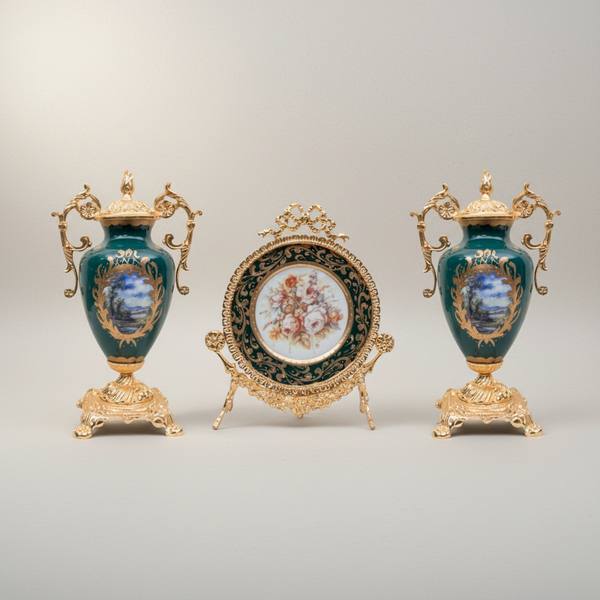 Rococo Sèvres-Style Porcelain & Gilt Brass 3-Piece Garniture Set — Floral Medallion Urns & Display Plate — handcrafted by Brass & Wood