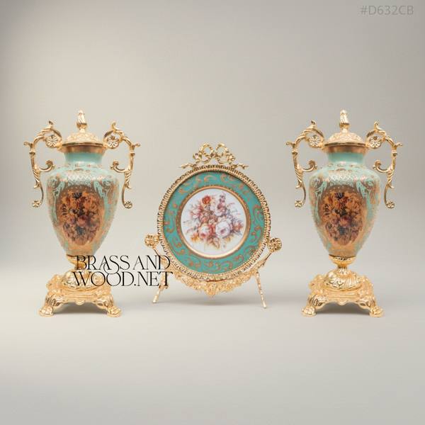 Rococo Sèvres-Inspired Turquoise Ceramic & Brass Urn Vase and Display Plate 3-Piece Set — handcrafted by Brass & Wood