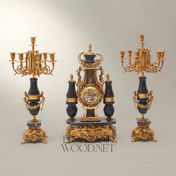 French Neoclassical Marble & Brass Mantel Clock Set with Lyre Motif and Twin Candelabras — handcrafted by Brass & Wood