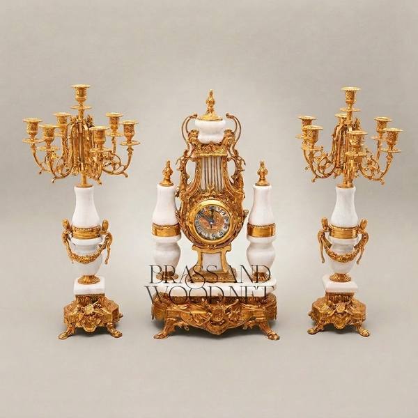 Louis XVI Neoclassical Brass & White Marble Mantel Clock Set with Lyre Motif & Twin Candelabra — handcrafted by Brass & Wood