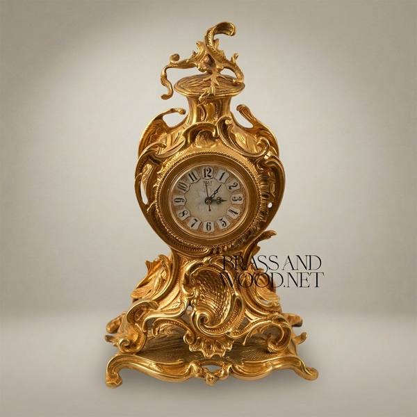 Rococo Brass Mantel Clock with Openwork Scrolls & Floral Finial — handcrafted by Brass & Wood