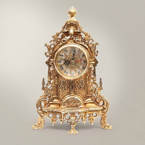 Baroque Rococo Hand-Cast Brass Mantel Clock with Openwork Scrollwork & Shell Finial — handcrafted by Brass & Wood