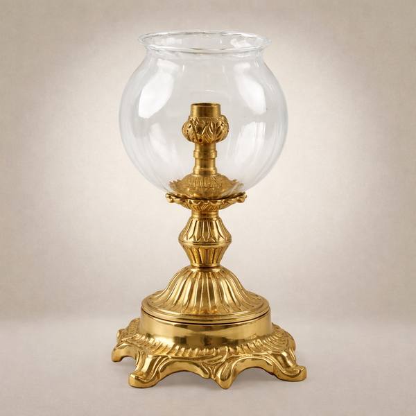 Rococo Brass Hurricane Candleholder with Globe Glass Shade and Acanthus Base — handcrafted by Brass & Wood