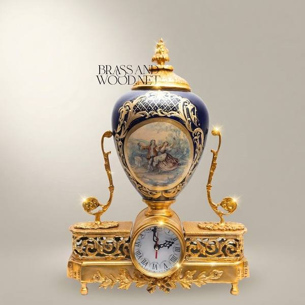 Sèvres-Style Porcelain & Brass Mantel Clock with Cobalt Urn and Fête Galante Medallion — handcrafted by Brass & Wood