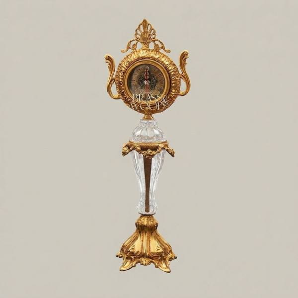 Baroque Brass & Crystal Pedestal Clock with Acanthus Crown and Scroll Handles — handcrafted by Brass & Wood