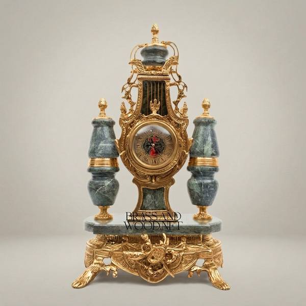 Lyre-Form Marble & Brass Mantel Clock Garniture with Candelabra — handcrafted by Brass & Wood