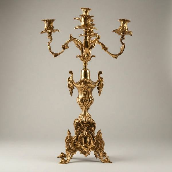 Rococo Brass Five-Arm Candelabra with Acanthus Scroll Base — handcrafted by Brass & Wood