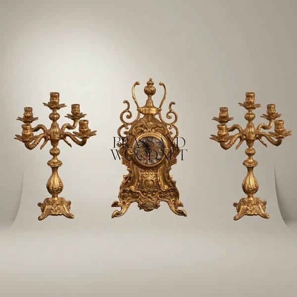Baroque Brass Mantel Clock & Five-Arm Candelabra Set - Scrollwork Rocaille — handcrafted by Brass & Wood