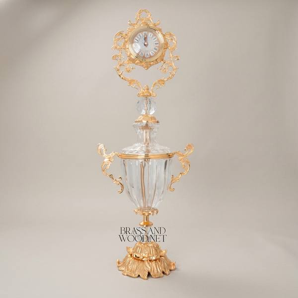 Rococo Crystal Urn Stand Clock with Acanthus Brass Frame & Faceted Crystal Body — handcrafted by Brass & Wood