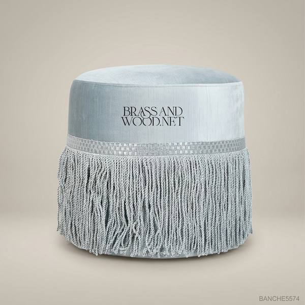 Victorian Salon Pouf with Silk Fringe Trim – Ice Blue — handcrafted by Brass & Wood