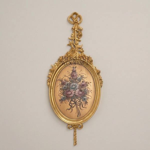 Rococo Brass Oval Wall Plaque with Floral Art Print and Ribbon Crest — handcrafted by Brass & Wood