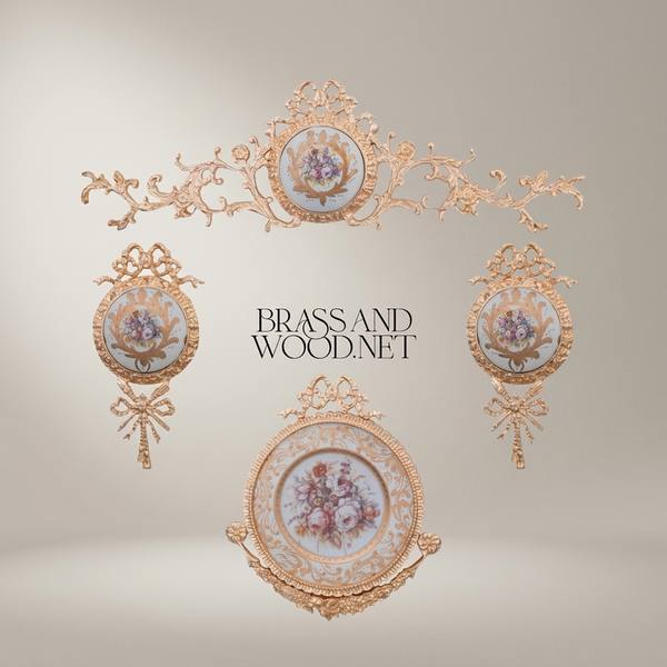 Rococo Brass Wall Medallion Frame with Floral Porcelain Centre — handcrafted by Brass & Wood