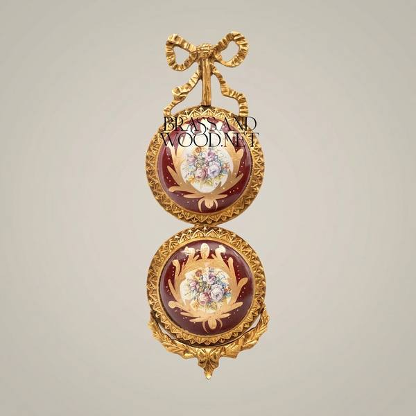 Louis XVI Brass & Porcelain Double-Medallion Wall Frame - Bow Crest & Floral Hand-Painted Panels — handcrafted by Brass & Wood