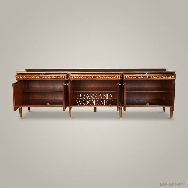 Brass & Wood Louis XVI Marquetry Dining Buffet — handcrafted by Brass & Wood