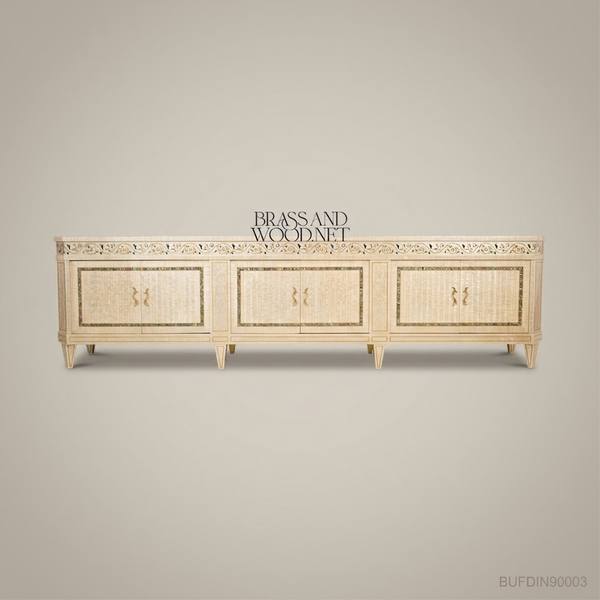 Brass & Wood Neoclassical Inlaid Buffet with Mother of Pearl Panels — handcrafted by Brass & Wood