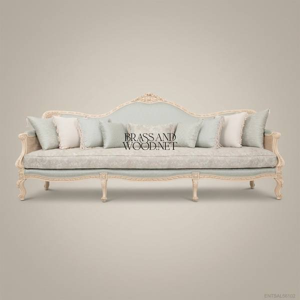 Louis XV Cane & Damask Salon Sofa — handcrafted by Brass & Wood