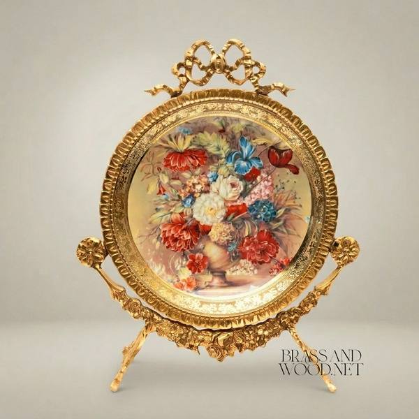 Rococo Brass Oval Decorative Plate on Stand - Hand-Painted Floral Bouquet with Ribbon Crown — handcrafted by Brass & Wood