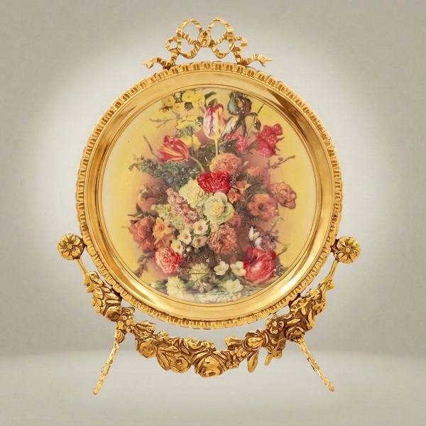 Rococo Brass Oval Decorative Plate Stand with Floral Art Print & Bow Crest — handcrafted by Brass & Wood