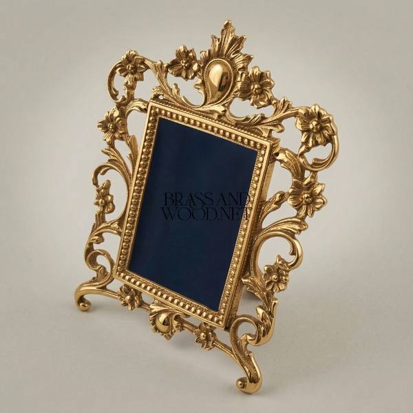 Rococo Baroque Cast Brass Freestanding Photo Frame - Open Acanthus Scroll Surround — handcrafted by Brass & Wood