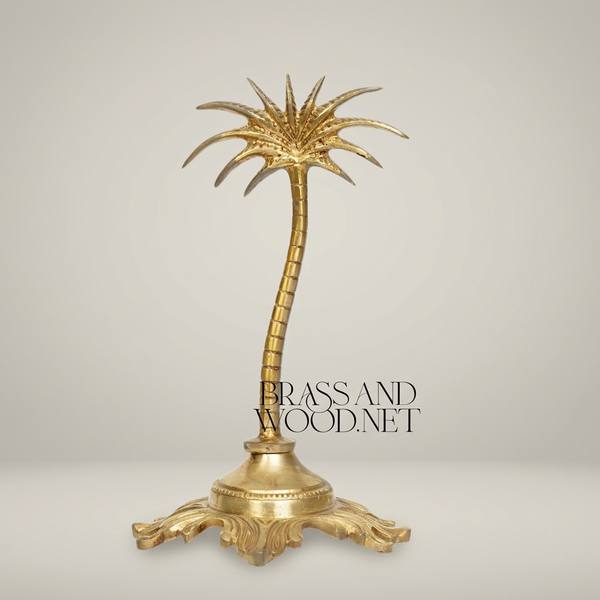 Brass Palm Tree Sculpture with Ornate Acanthus Base — Orientalist Decorative Figurine — handcrafted by Brass & Wood