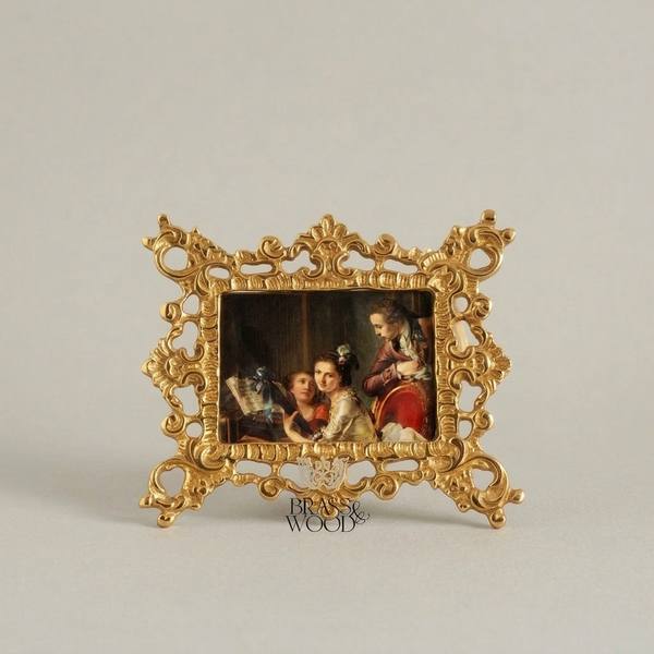 Baroque Rococo Brass Filigree Stand Photo Frame - Openwork Scroll Easel — handcrafted by Brass & Wood