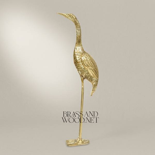 Handcrafted Brass Heron Sculpture - Tall Standing Bird Figurine — handcrafted by Brass & Wood