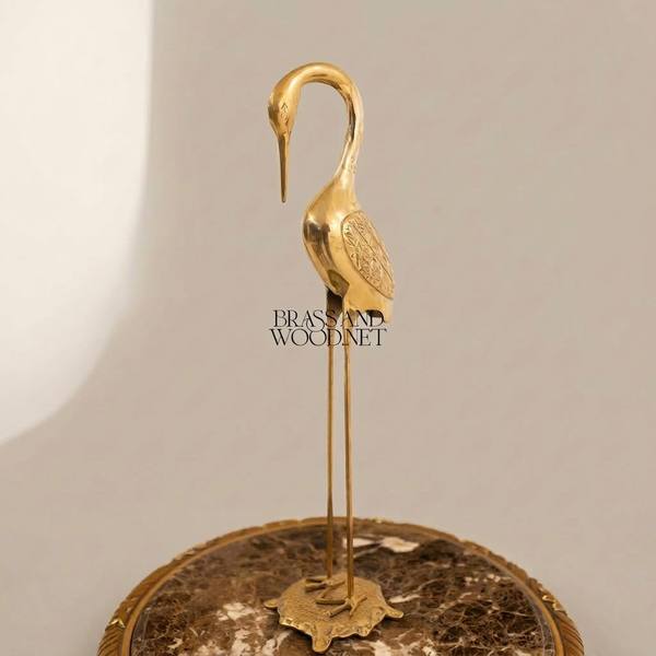 Handcrafted Brass Heron Sculpture on Ornate Pedestal Base — handcrafted by Brass & Wood