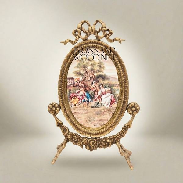 Rococo Brass Oval Stand Frame with Bow Crest & Hand-Painted Pastoral Scene — handcrafted by Brass & Wood