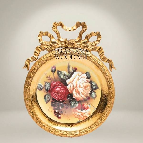 Rococo Brass Round Decorative Plate with Bow Crown & Hand-Painted Rose Bouquet — handcrafted by Brass & Wood