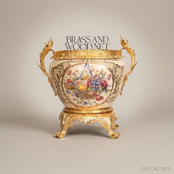 Napoleon III Rococo Revival Hand-Painted Porcelain Cachepot with Gilt Bronze Dragon Handles — handcrafted by Brass & Wood
