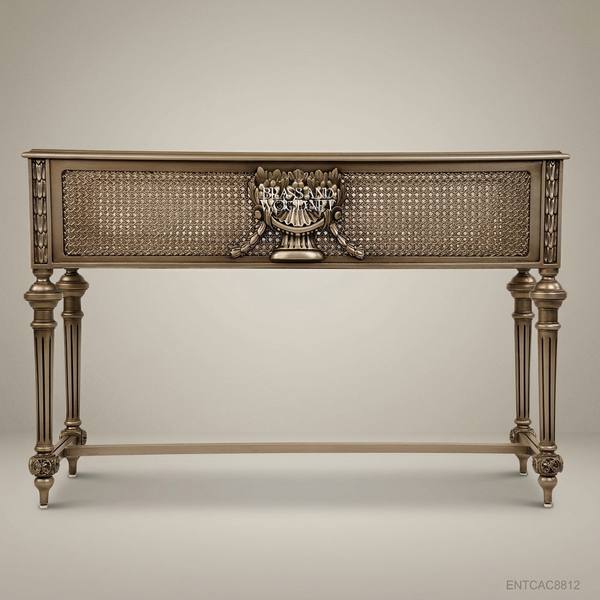 Louis XVI Neoclassical Solid Wood Planter Console — Cane-Panel Apron & Fluted Legs — handcrafted by Brass & Wood