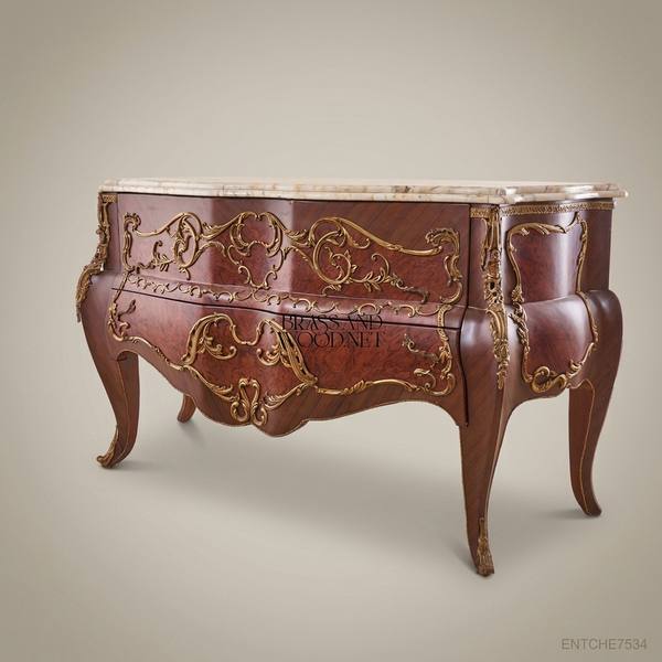 Louis XV Bombe Commode – Burr Walnut, Gilt Brass Ormolu & Marble Top — handcrafted by Brass & Wood