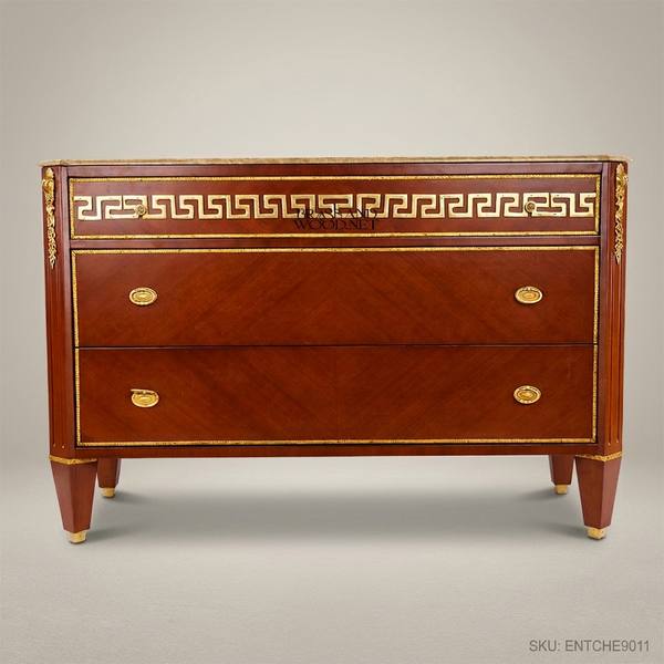 Empire Neoclassical Mahogany Commode with Greek Key Brass Frieze & Brown Marble Top — handcrafted by Brass & Wood