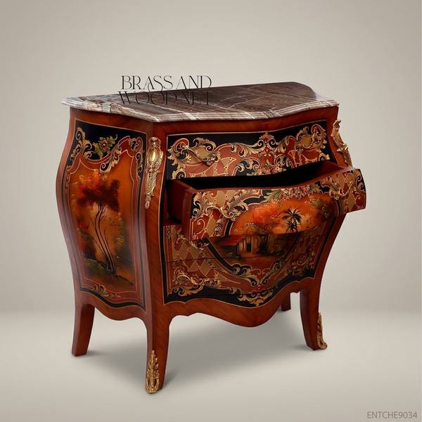 Napoleon III Rococo Revival Hand-Painted Bombé Commode with Marble Top — handcrafted by Brass & Wood
