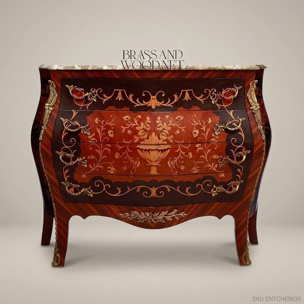 Louis XV Rococo Bombé Commode with Floral Marquetry & Gilt Bronze Mounts — handcrafted by Brass & Wood