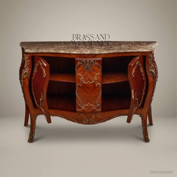 Louis XV Rococo Bombé Commode with Marble Top & Diamond-Lattice Doors — handcrafted by Brass & Wood