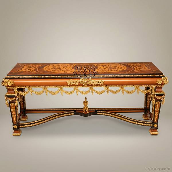 Louis XVI Neoclassical Console Table with Marquetry Top & Ormolu Garlands — handcrafted by Brass & Wood