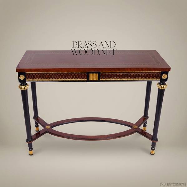 Empire Neoclassical Console Table – Ebonised Wood & Gold Leaf Brass Inlay — handcrafted by Brass & Wood