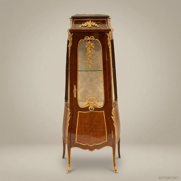Louis XV Rococo Marquetry Vitrine Cabinet with Gilt Bronze Mounts & Marble Top — handcrafted by Brass & Wood