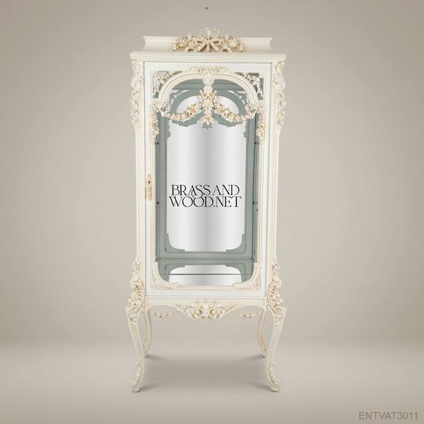 Rococo Revival Ivory Vitrine Cabinet - Hand-Carved Floral Swags & Mirrored Interior — handcrafted by Brass & Wood