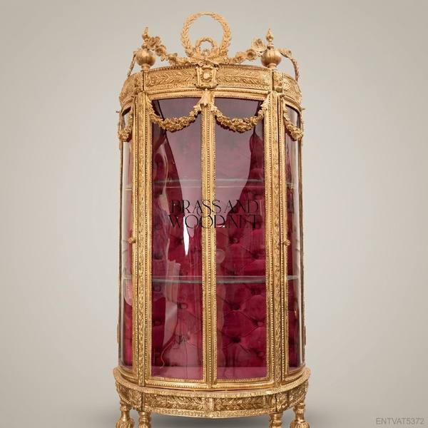 Louis XVI Neoclassical Gilt Vitrine — Curved Glass with Laurel Crest & Crimson Velvet Interior — handcrafted by Brass & Wood