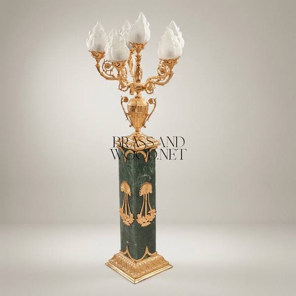 Empire Neoclassical Five-Arm Candelabra Floor Lamp on Green Marble Pedestal Column with Flame Glass Shades — handcrafted by Brass & Wood