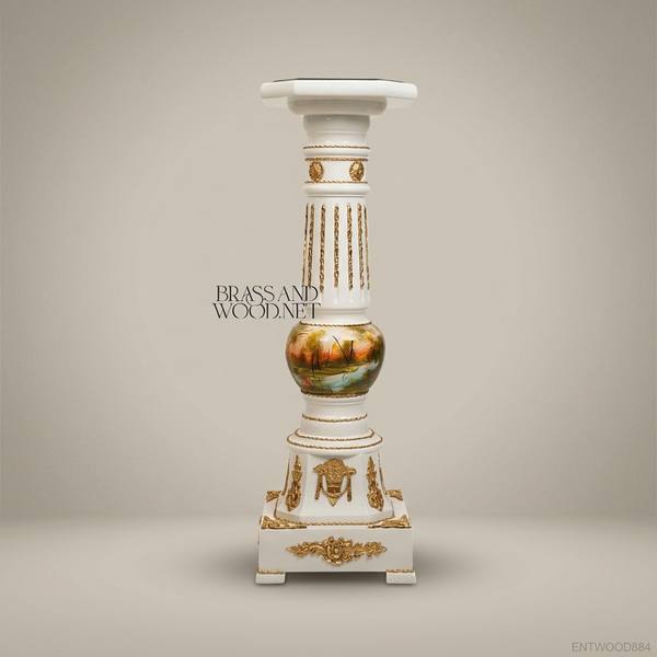 Louis XVI Neoclassical Hand-Painted Column Pedestal with Gilt Mounts & Marble Top — handcrafted by Brass & Wood