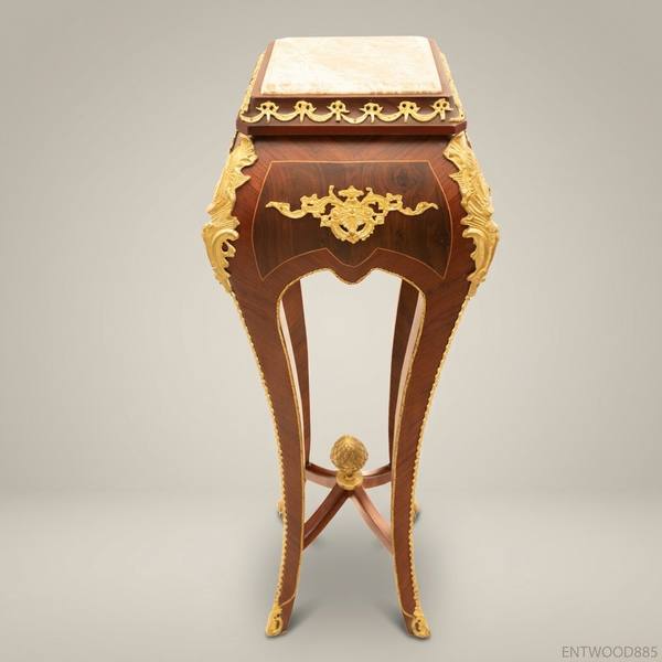 Louis XV Rococo Marquetry Pedestal Stand with Gilt Bronze Mounts & Marble Top — handcrafted by Brass & Wood