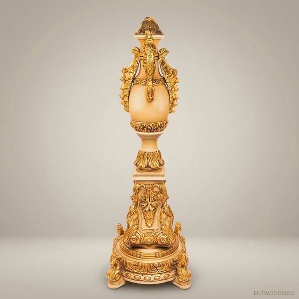 French Baroque Carved Urn Pedestal Column — Acanthus & Scroll Ceremonial Stand — handcrafted by Brass & Wood
