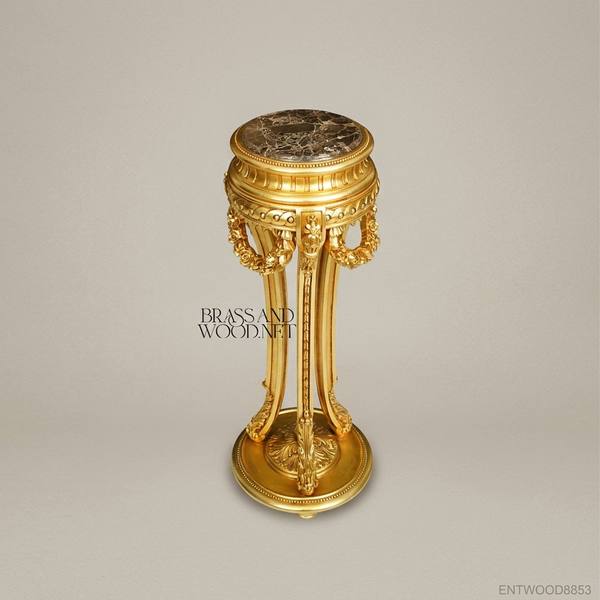 Louis XVI Neoclassical Gilded Pedestal Column with Floral Garland Carving and Marble Top — handcrafted by Brass & Wood