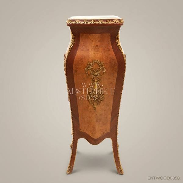 Napoleon III Burr Walnut Pedestal Column with Ormolu Mounts & Marble Top — handcrafted by Brass & Wood