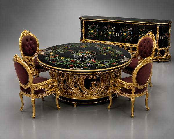 Rococo Floral Lacquered Dining Set with Gilt Carved Buffet — handcrafted by Brass & Wood