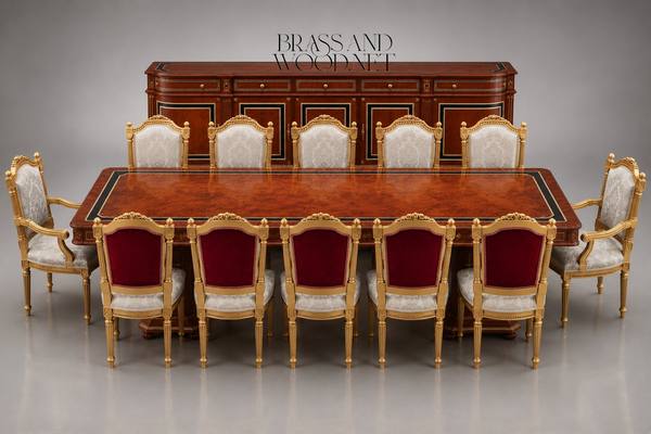 Louis XVI Damask Dining Suite — Table, Chairs & Buffet — handcrafted by Brass & Wood