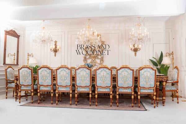 Louis XVI Gilt Marquetry Complete Dining Suite — handcrafted by Brass & Wood